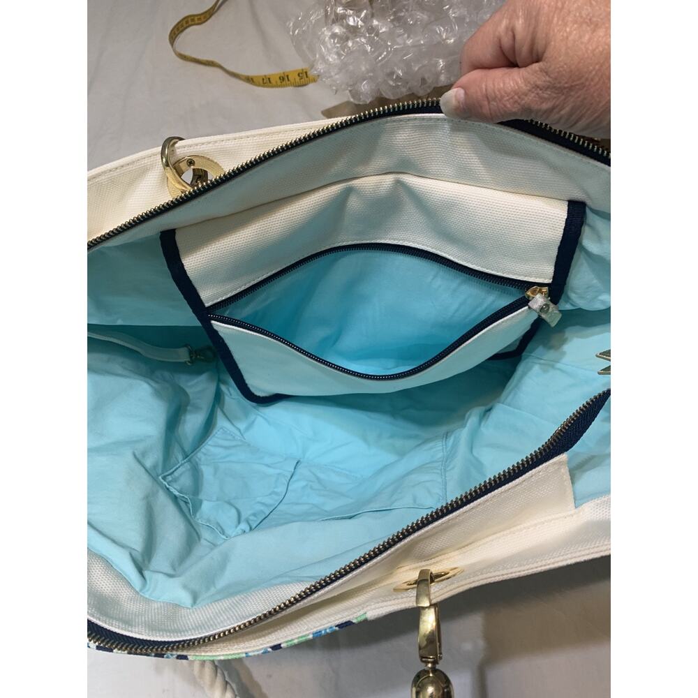 Lily Pulitzer Island Tote Bag Spa Blue "Let's Cha Cha Cha" Rope Handles 15 x 18 - Picture 7 of 11